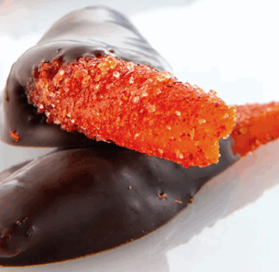 Mangos enchilados con chocolate semiamargo